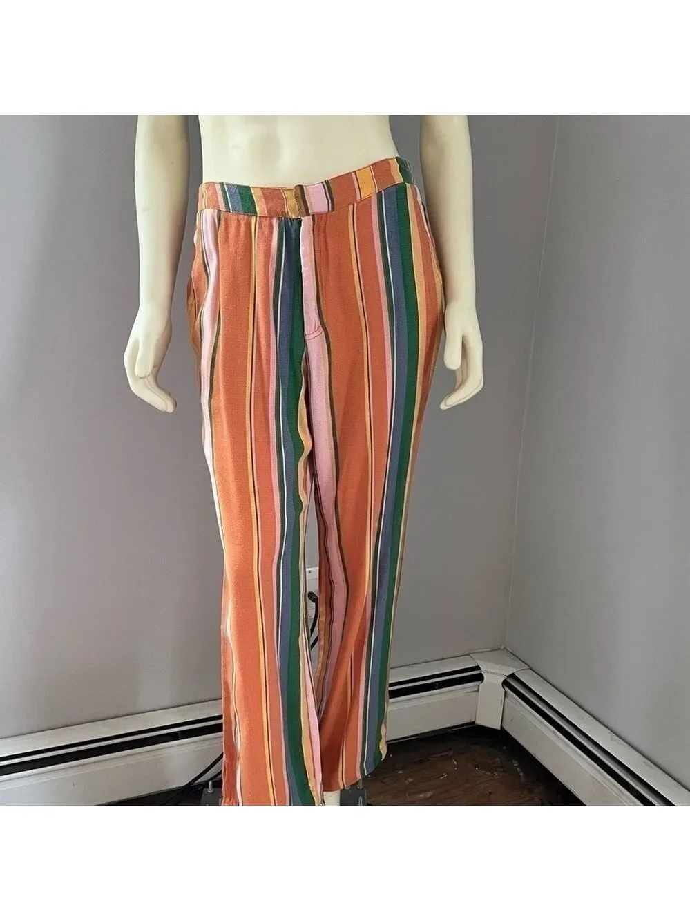 Free People Anthropologie Women’s Boho Striped Pants Orange Green Pink Blue 4
